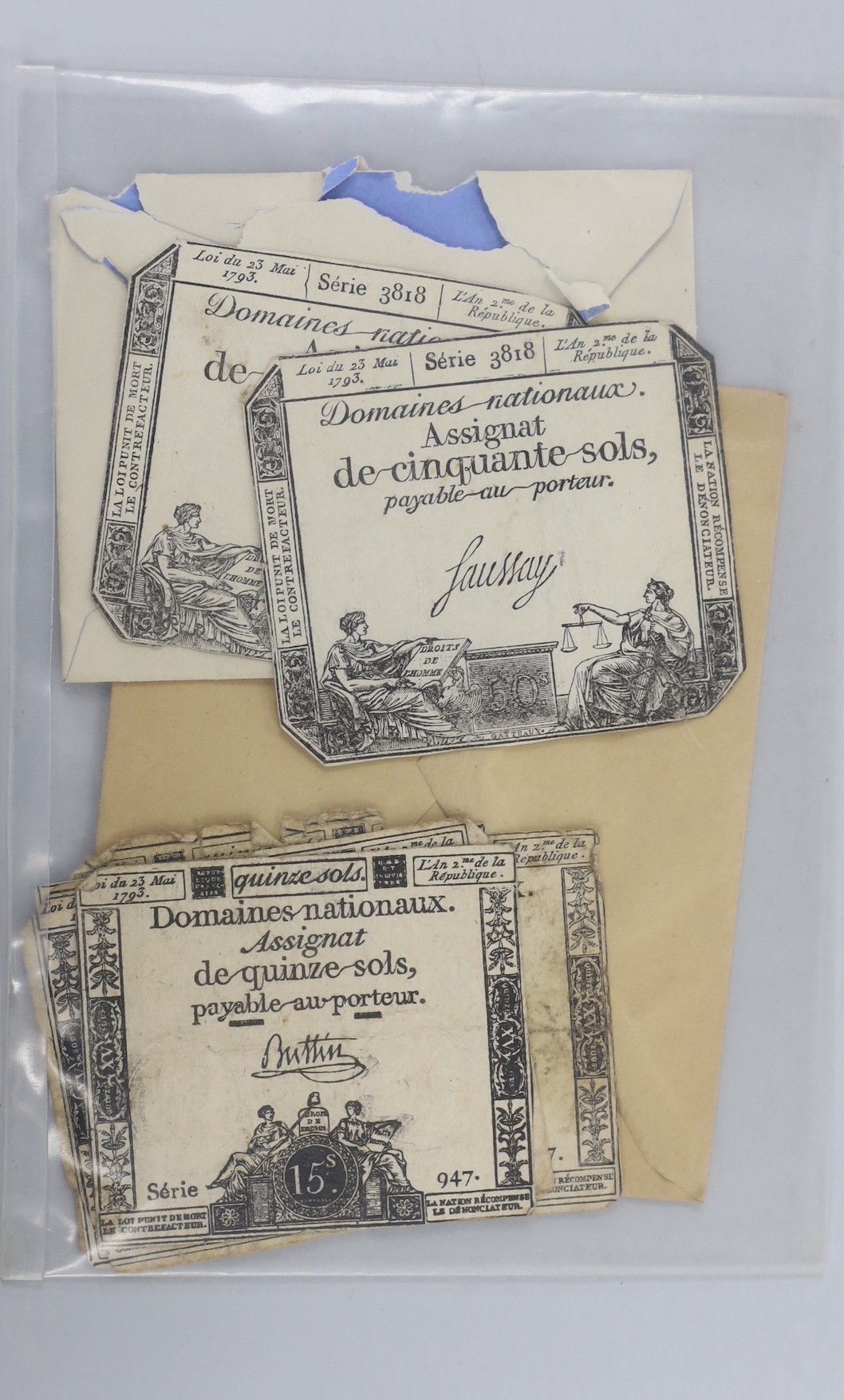 French Revolutionary banknotes, 1789 - 1796, Domaines nationaux, Assignat 50 sols (Janvier 1792 x 2, Mai 1793 x 29), 15 sols (Janiver 1792 x 5, Octobre 1792 x 10, Mai 1793 x 5) and 25 sols (Janiver 1792 x 19)